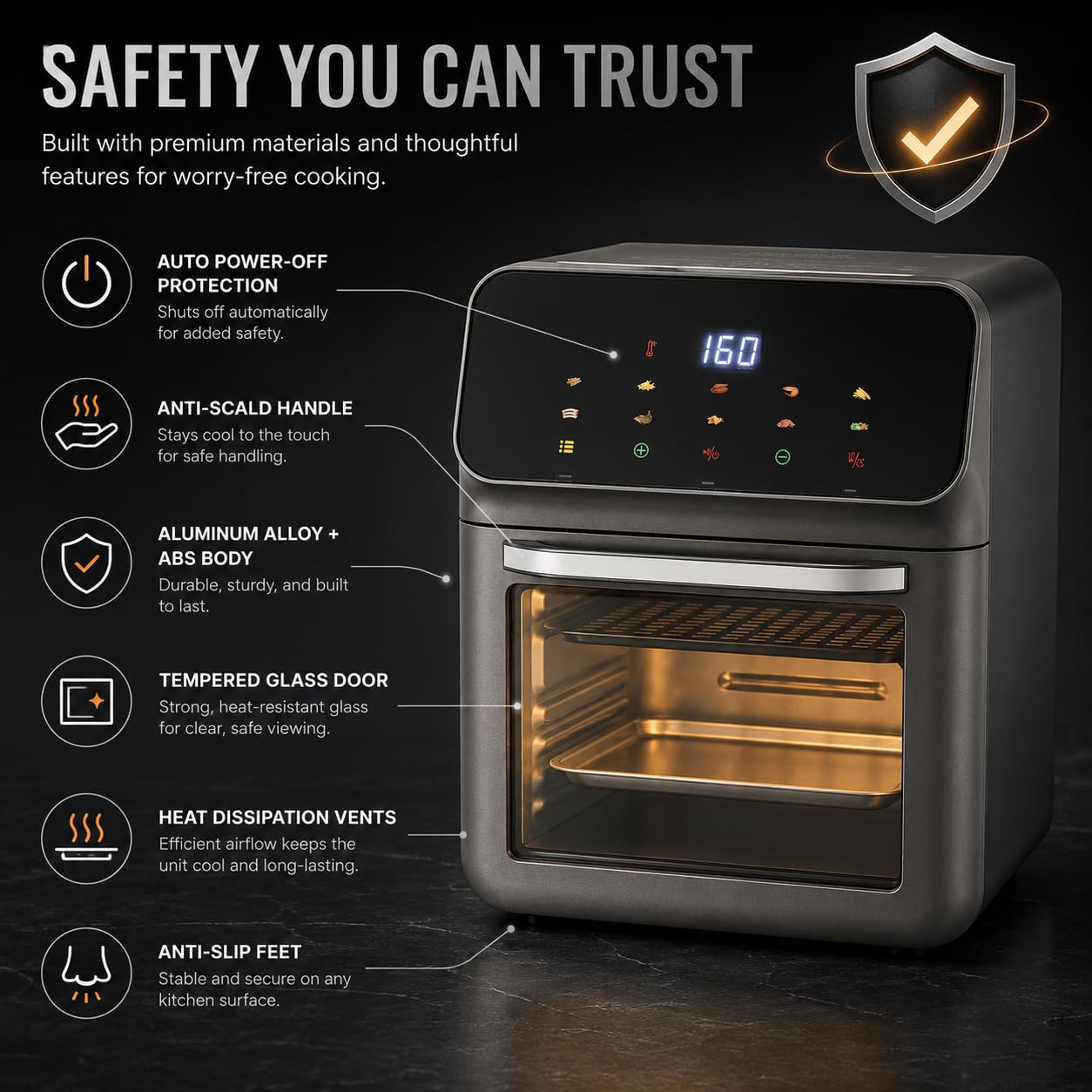 Piekarnik do pizzy 13 l, 1350 W, piekarnik elektryczny, piekarnik termoobiegowy, wielofunkcyjny piec z ekranem dotykowym LCD, rękawica i 2 blachy do pieczenia, timer 15-60 min i funkcja automatycznego
