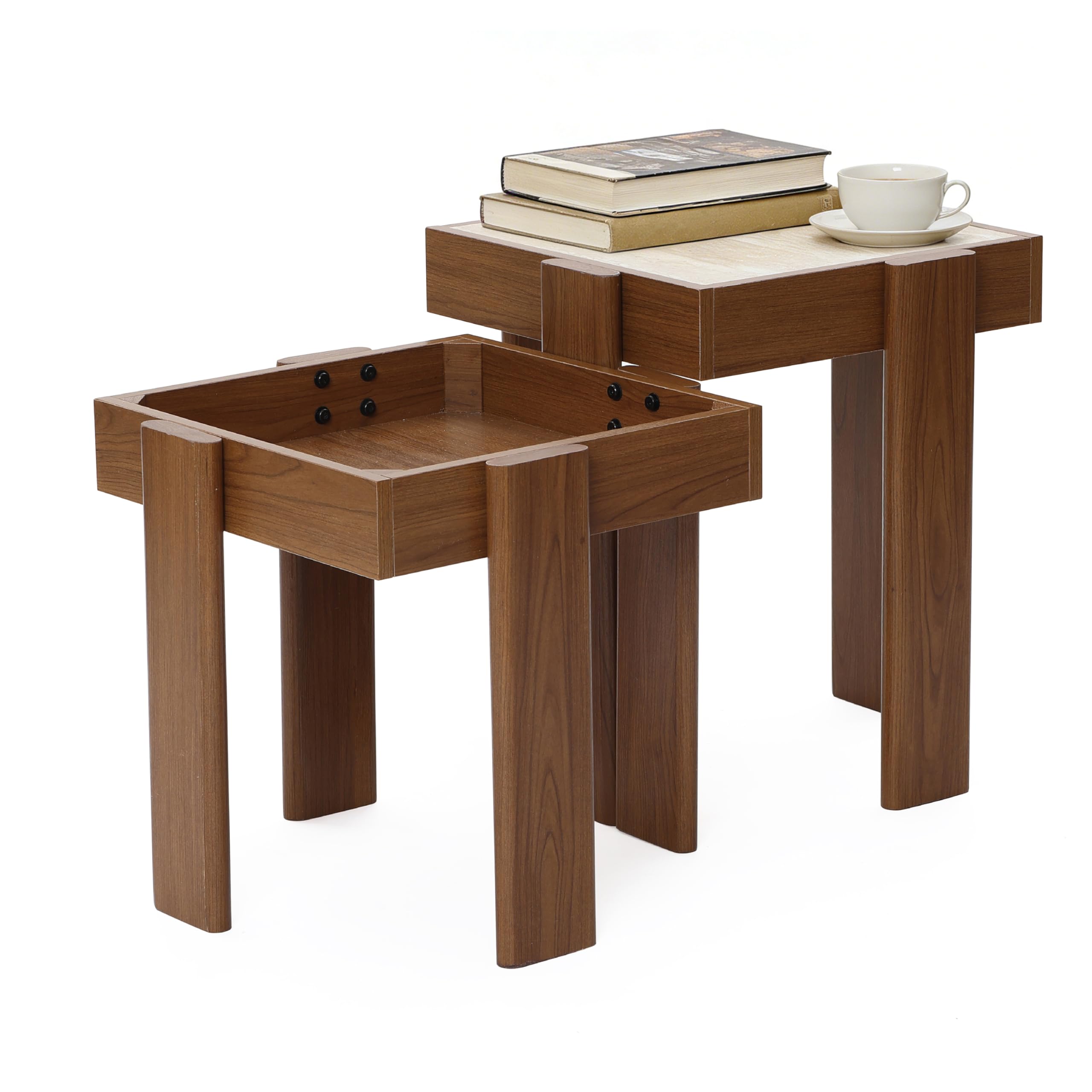 Hometopia 2er Set Beistelltische Quadratisch - Moderner Satztisch in Walnuss-Optik mit Stein-Dekor - Platzsparender Couchtisch & Nachttisch für Wohnzimmer & Schlafzimmer - Nesting Design