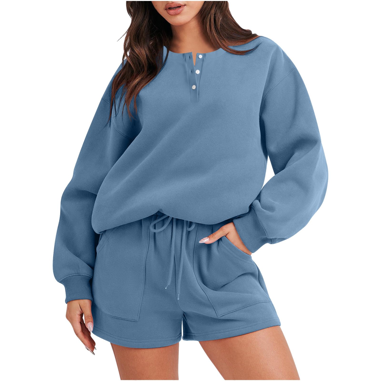 hlysgo Women 2 Piece Outfits Sweat Shorts Sets 2025 Summer Oversized Lounge Matching Set Sweatsuit Tracksuit with Pockets