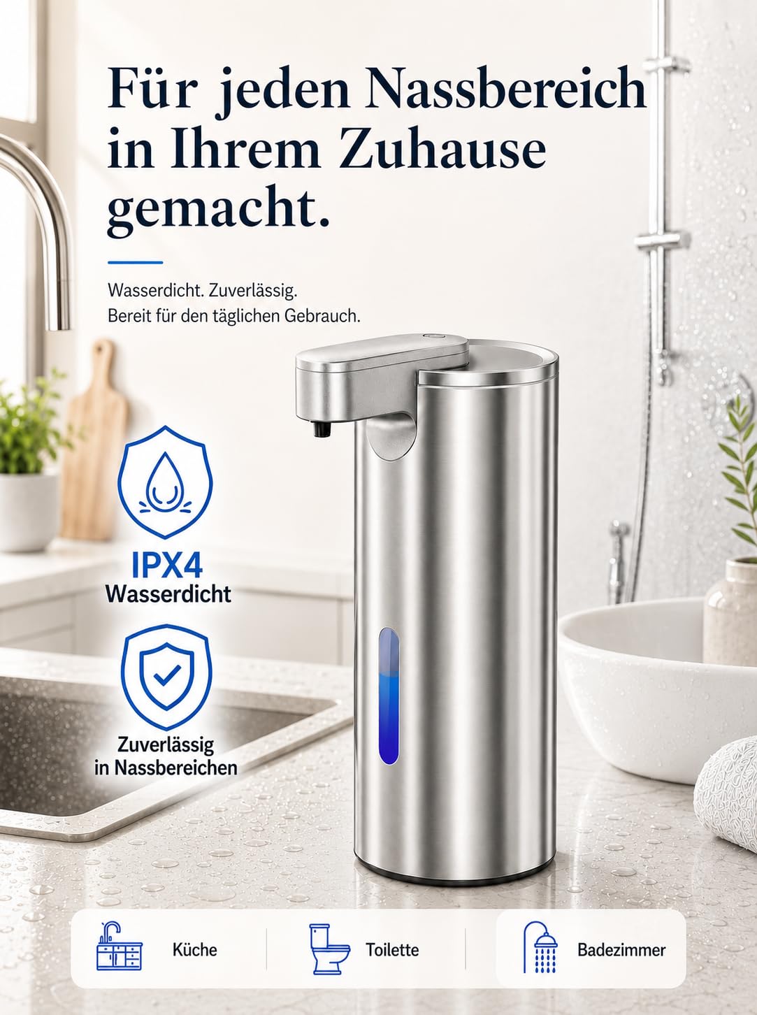 Fantictas Seifenspender Automatisch Edelstahl, USB-C, 3 Dosierstufen | Berührungsloser Sensor, 2000mAh USB-C Akku,IPX4 Spritzschutz, SUS304 Edelstahl für Bad Küche Büro，Flüssigseife