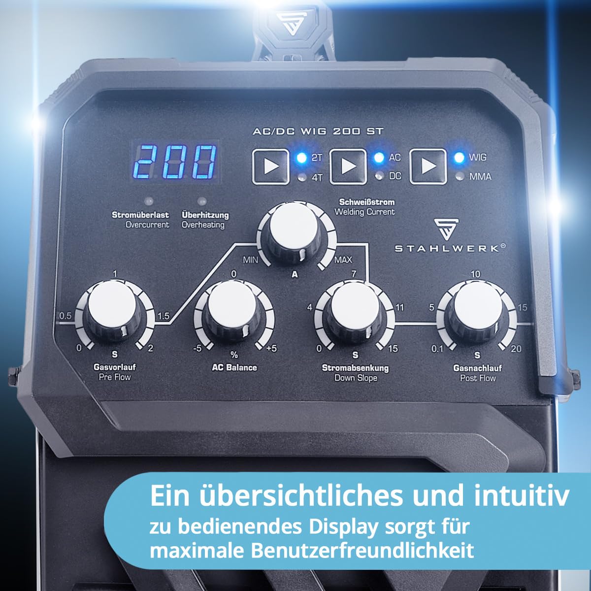 STAHLWERK Schutzgasschweißgerät 2-in-1 Kombi AC/DC WIG 200 ST – WIG & MMA (E-Hand/ARC) bis 200 A, HF-Zündung, Hotstart, Anti-Stick, 2T & 4T-Modus, AC WIG-Schweißen für Aluminium, IGBT-Technologie