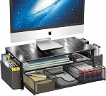 Réchauffeur de stand de moniteur d'ordinateur, 2-Tier Organisateur de bureau en métal avec tiroir & 2 Supports de stylo pour bureau, support pour ordinateur portable, accessoires de bureau pour les fournitures de bureau à domicile (Noir)