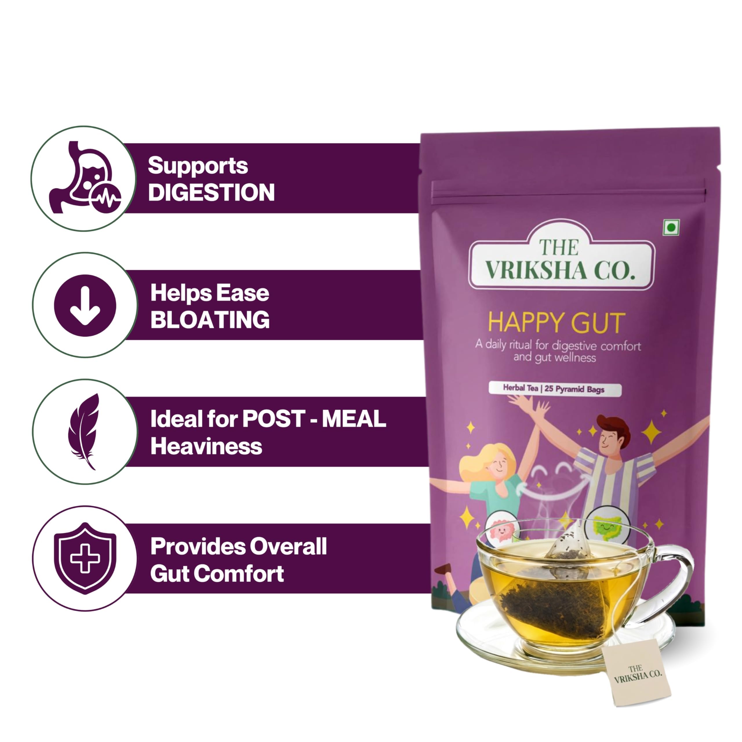 The Vriksha Co. Happy Gut Green Tea for Weight Loss, Gas, Heaviness, Bloating, Digestion, & Metabolism | Ashwagandha, Lemon Grass, Tulsi, Turmeric | 7 Plant-Based Pyramid Tea Bags (14g) | Herbal Tea | Trial Pack — Amazon image 2