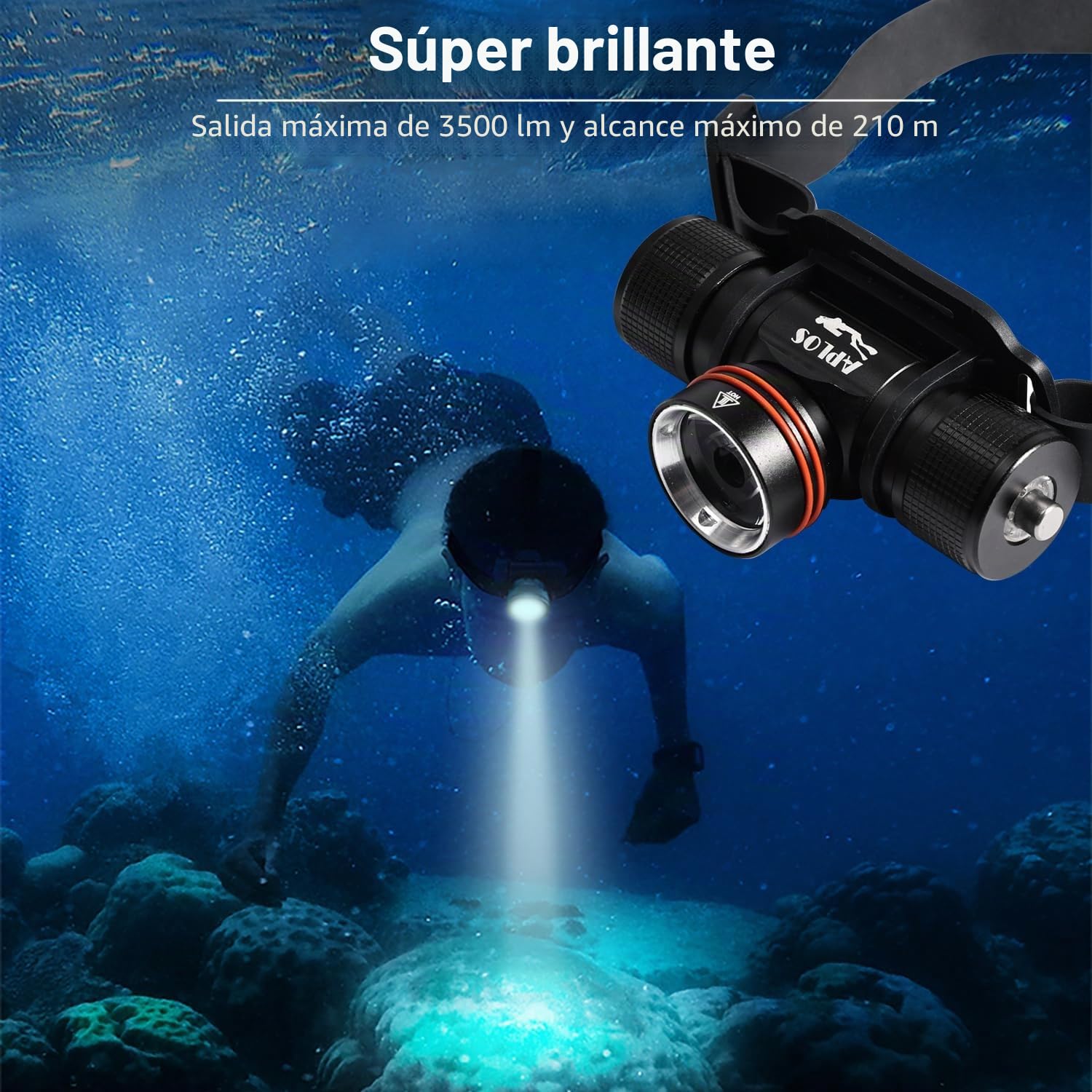 APLOS H800 Linterna Frontal Buceo Recargable, 3500 Lúmenes Profesional Linterna Submarinismo con Lente TIR, Indicador de Potencia para Espeleología, Esnórquel y Pesca Submarina