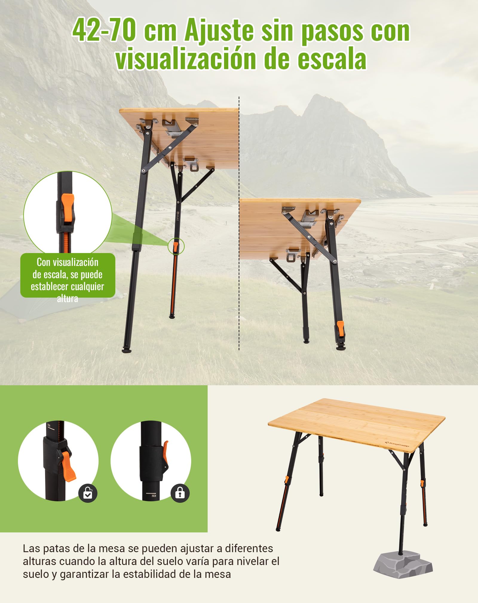 KingCamp Mesa de Camping de bambú, 100 x 70 cm, Mesa Plegable de Mesa de Comedor, Altura Ajustable, Marco de Aluminio para Camping al Aire Libre