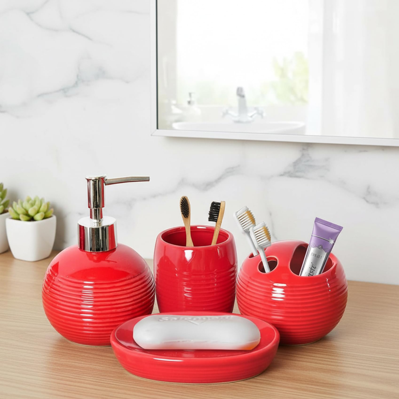 Accesorios de baño Rojos, Juego de Accesorios de baño de cerámica Moderno Que Incluye dispensador de jabón, Soporte para cepillos de Dientes de 4 Piezas, Vaso y jabonera para apartamento.-