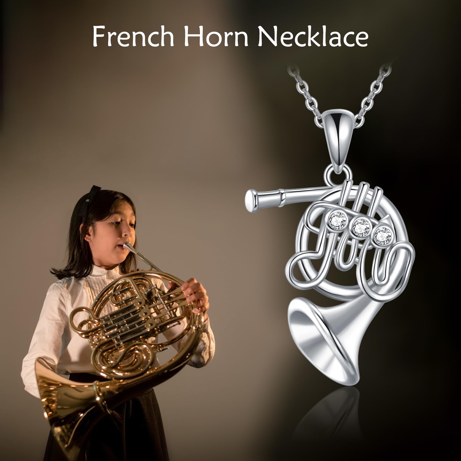 ONEFINITY Collana corno francese in argento sterling 925 ciondolo corno francese strumento musicale gioielli regali per le donne, Zirconia cubica