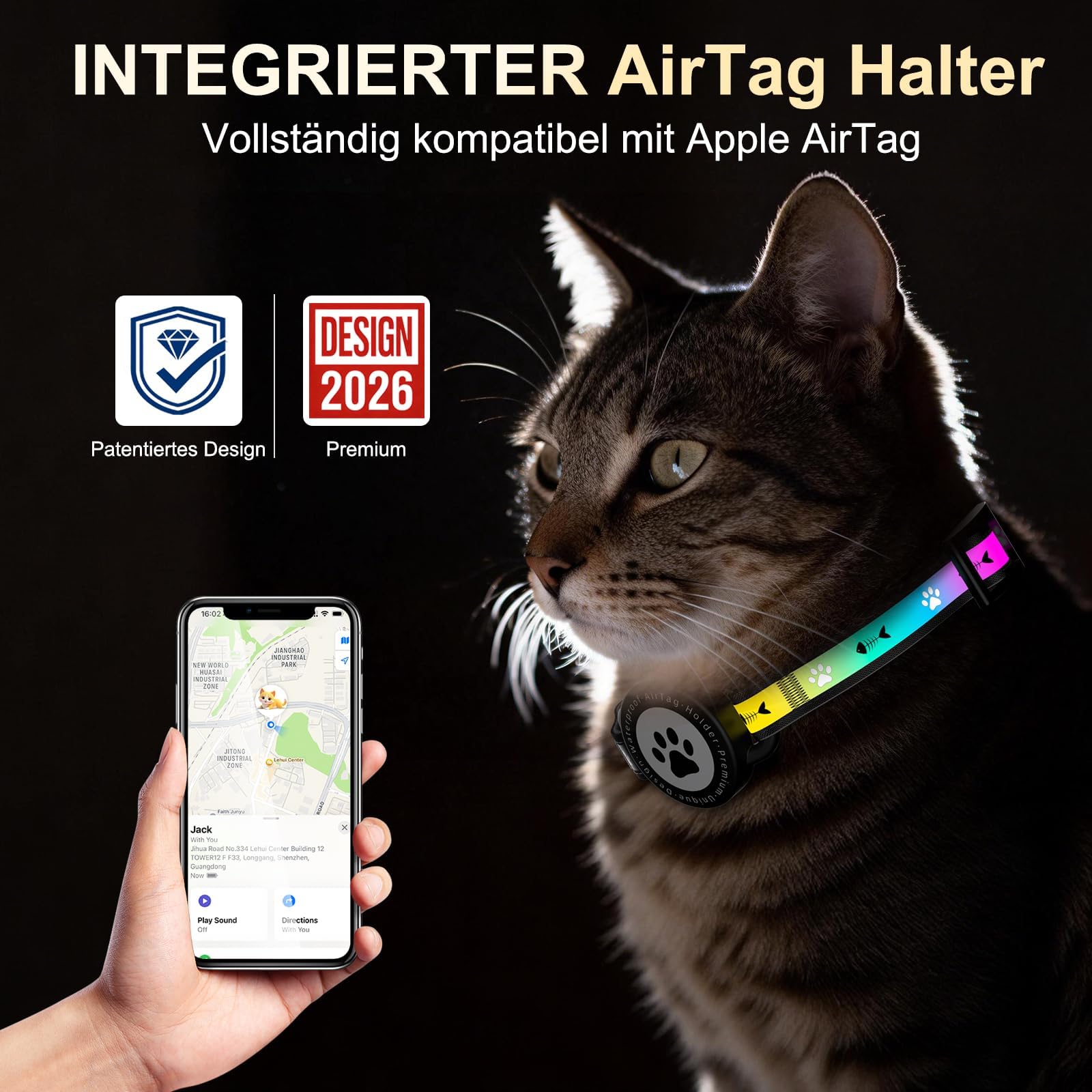 Airtag Katzenhalsband mit Sicherheitsverschluss, Reflektierend Katzenhalsband mit AirTag Halter und Glocke, Bequeme Polsterung & Verstellbar Wasserdicht Kätzchenhalsband (Schwarz, 8"-10.5")