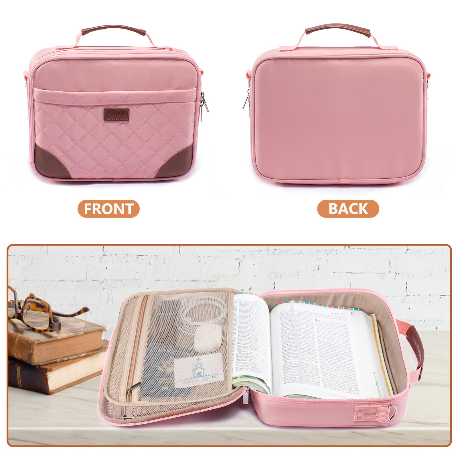 Aplufine Funda para Biblia para hombres, funda para mujer, bolsas de Biblia medianas y bolsas de transporte de Biblia, portador de Biblia con correa para el hombro, trabillas desmontables para