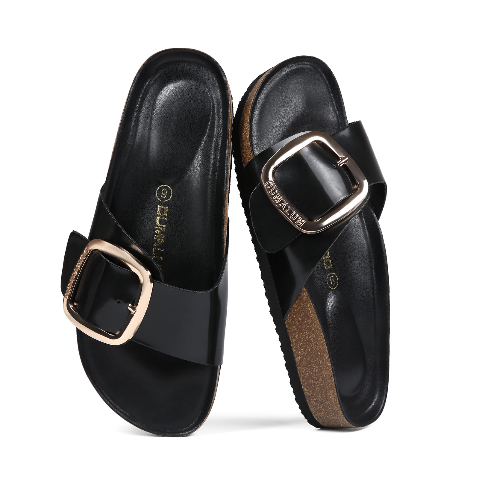 Dumalum Womens Slides Sandals Cork Footbed Flat Sandals Comfort Open Toe Buckle Flip Flops Slip On Home Slippers for Dressy Summer Beach Essentials