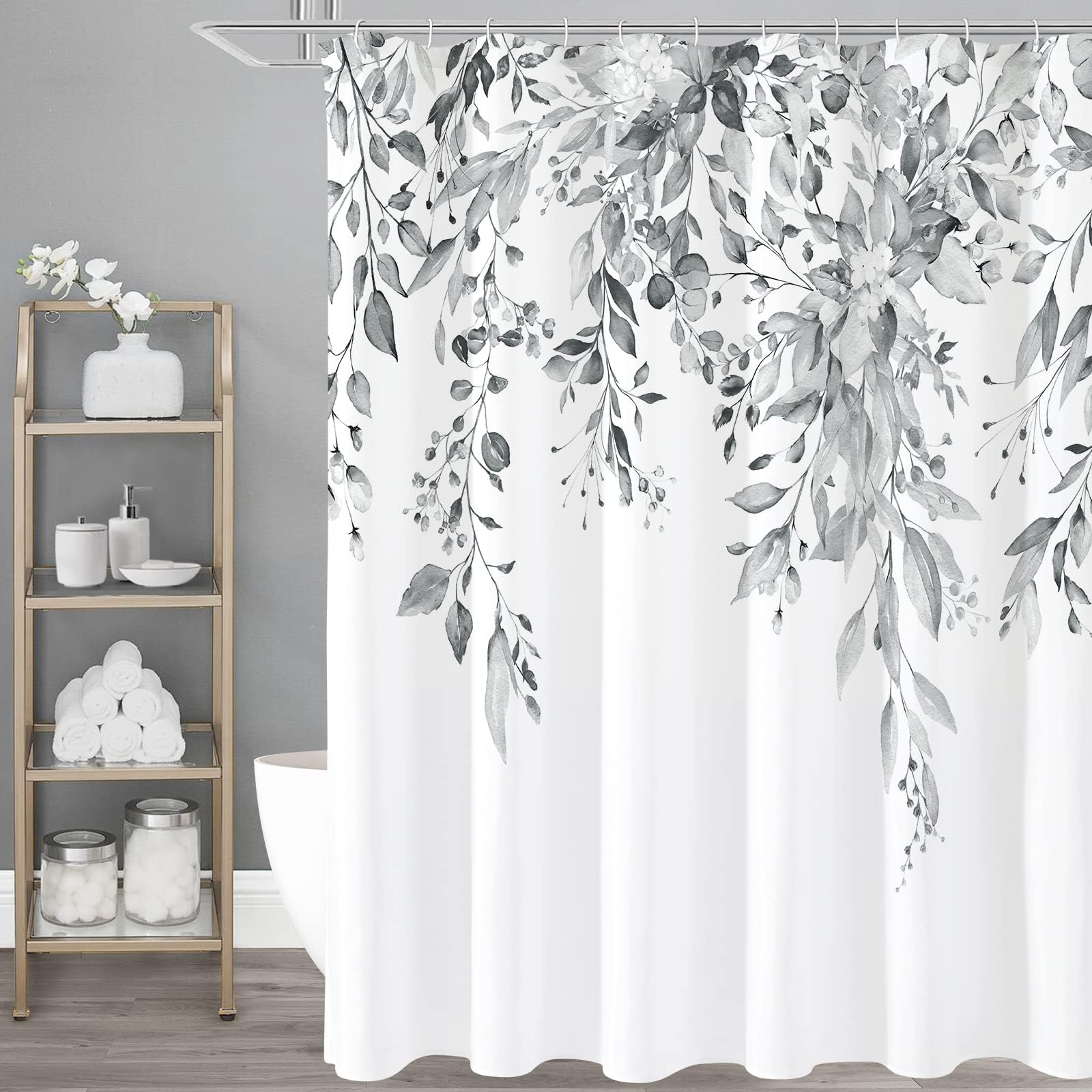 Nulpen Grey Eucalyptus Shower Curtains, Watercolor Plant Leaves With Floral Bathroom Curtain Bathtub Decor Bath Screen(135X187cm/Wxh/Grey)