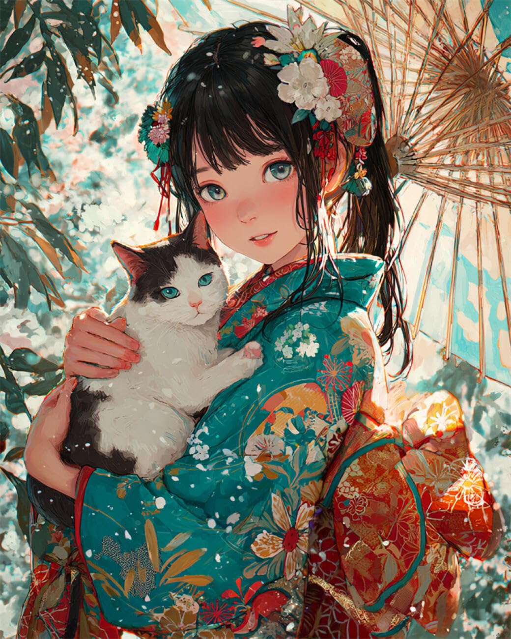 RKFLGEW Animal 14CT Stamped Cross Stitch Kits Watercolor Kimono Girl Cross Stitch Starter Set for Adults DIY Needlepoint Kits Embroidery Patterns Home Decoration 40x50cm