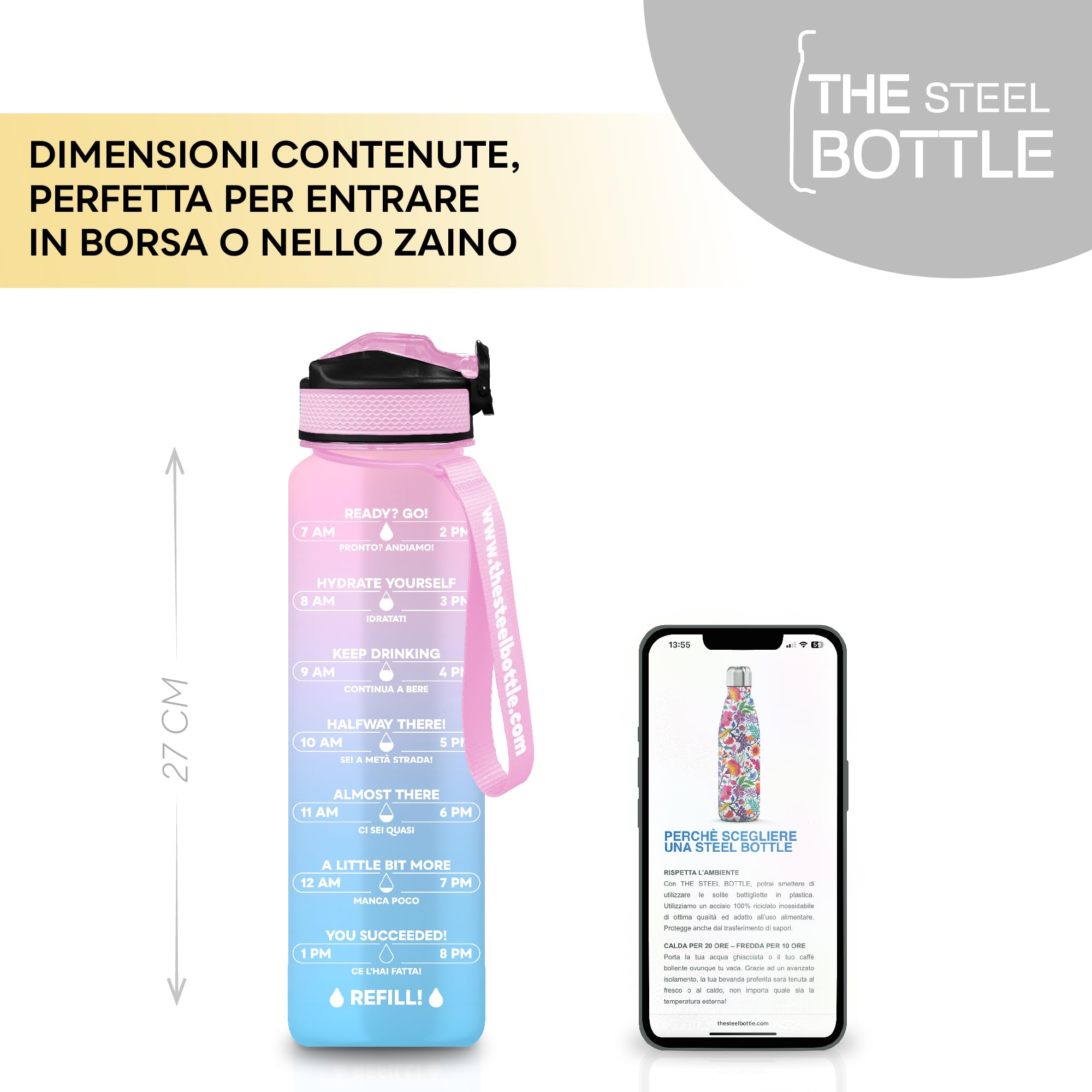 THE STEEL BOTTLE - Botella de agua motivacional deportiva de 1 litro con niveles e indicador de tiempo, pajita y franjas horarias - BPA y Phthalate Free - cierre hermético (Ice Blue & Pink)