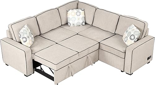 Miniatura 5 de LUMISOL Sofá modular convertible en forma de L de 83 pulgadas con cama extraíble, sofá cama tapizado de lino de 5 plazas con 2 puertos USB, 2
