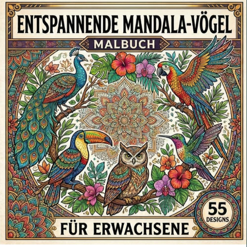 Entspannende Mandala-Vögel Malbuch für Erwachsene: Vogel-Mandala-Malbuch. 55 zauberhafte, detailreiche Vogel-Mandalas für Stressabbau, Achtsamkeit und kreative Entspannung – Ein Mandala-Malbuch