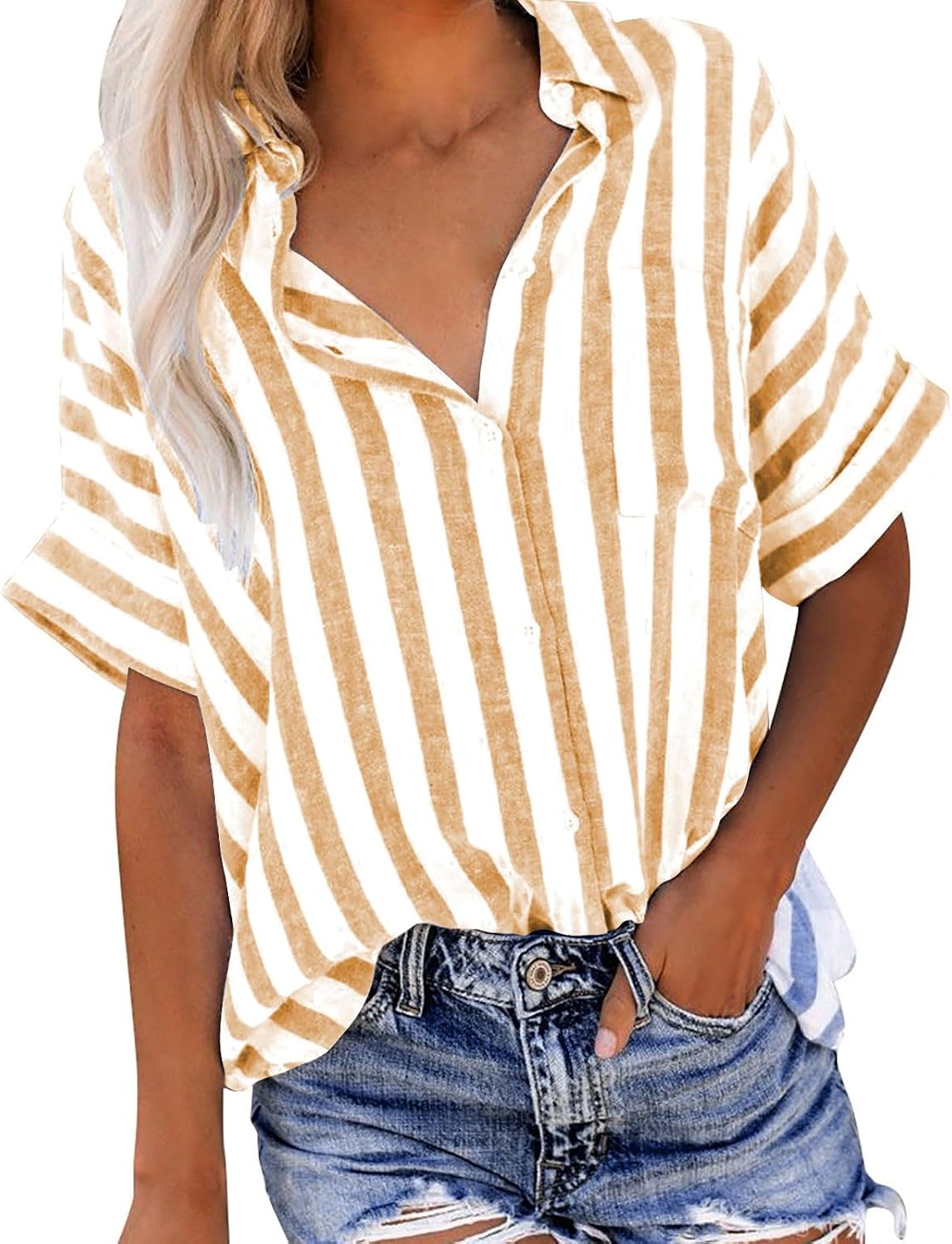 Women's Cotton Linen Shirt Lapel Short Sleeve Striped Fashion Button Up Blouse Tee Casual Loose Fit 2025 Summer Tops