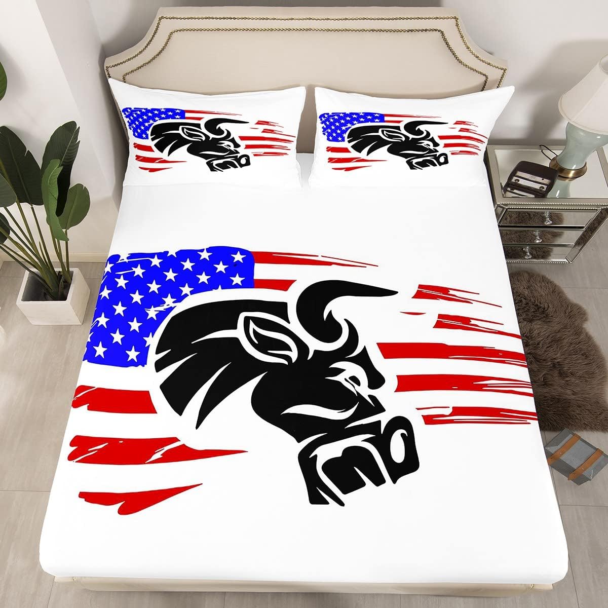 Juego de sábanas de toro para niños y niñas, con la bandera americana, sábana bajera para mujeres y hombres, ultra suave, color negro, blanco, juego de cama de toro, 2 piezas, tamaño individual