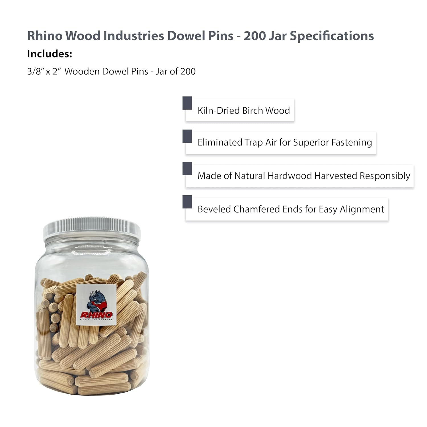 3/8" x 2" - 200 Pack Wooden Dowel Pins in Plastic Jar - Kiln Dried, Fluted, and Beveled (3/8" x 2", 200pk, Jar)