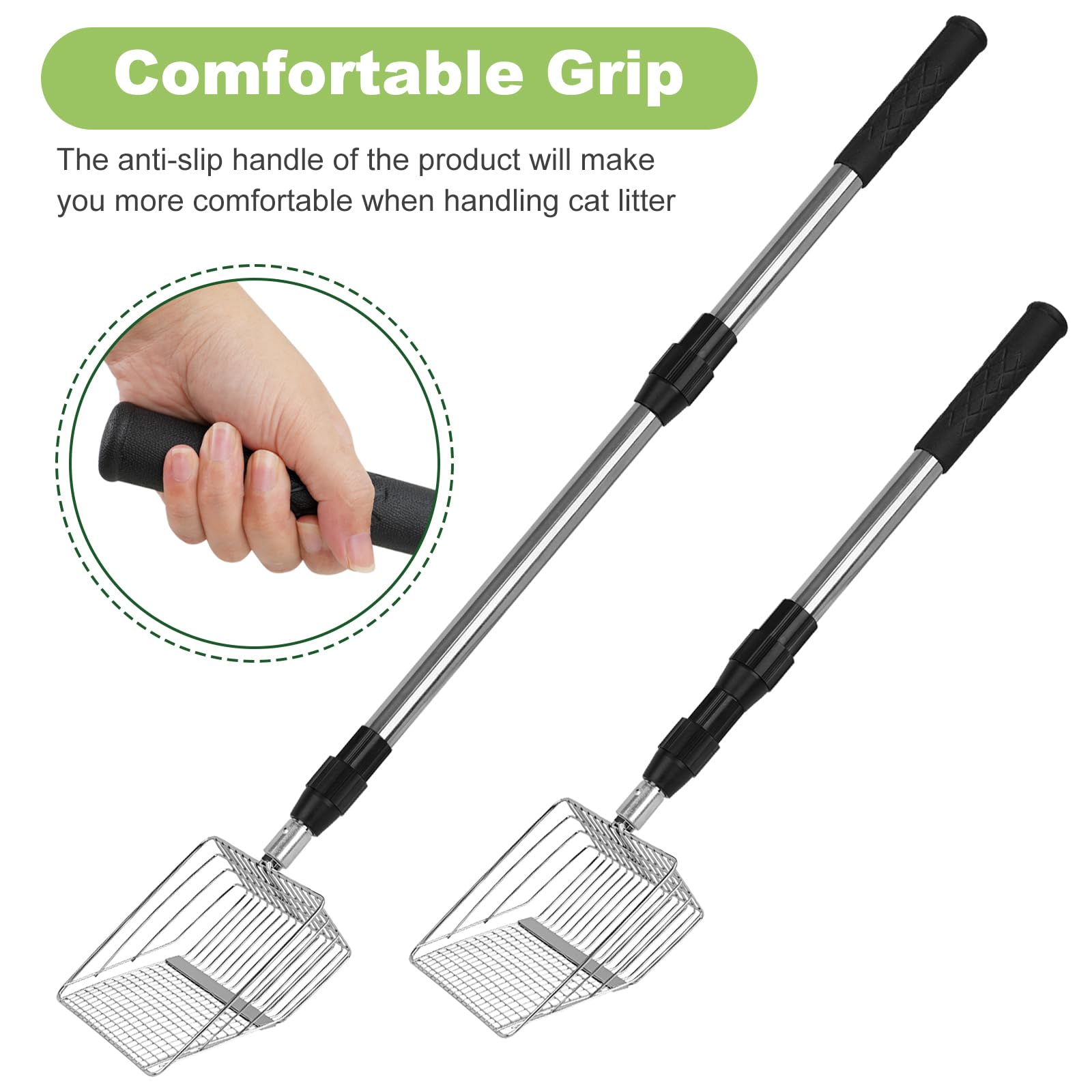 XBX Cuchara de arena para gatos de mango largo con soporte, pala de arena de metal extensible ajustable, tamiz de pala de acero inoxidable para limpieza de cajas de arena, pala duradera para uso