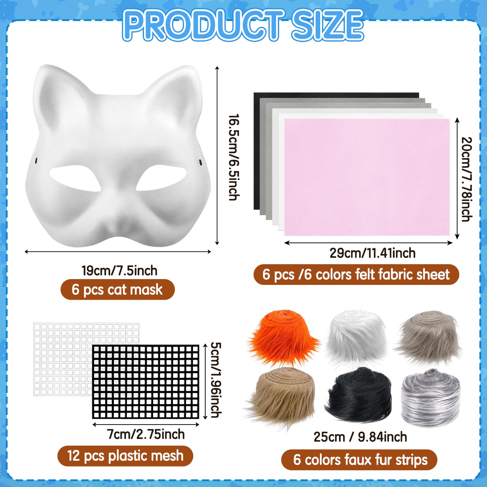 Draupnir 6Pcs Therian Mask Kit Cat Fox Mask with Felt Fabric Sheet, Fur and Eye Mesh, DIY Blank White Paper Cat Face Mask to Paint