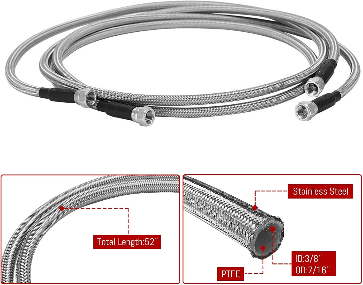 6AN 52" SS Flexible Braided Transmission Cooler Line Hoses Fittings Compatible with Chevy Ford Mopar GM GMC Buick Cadillac Cars and Trucks Replace TH350 700R4 TH400 - 6 Adapters