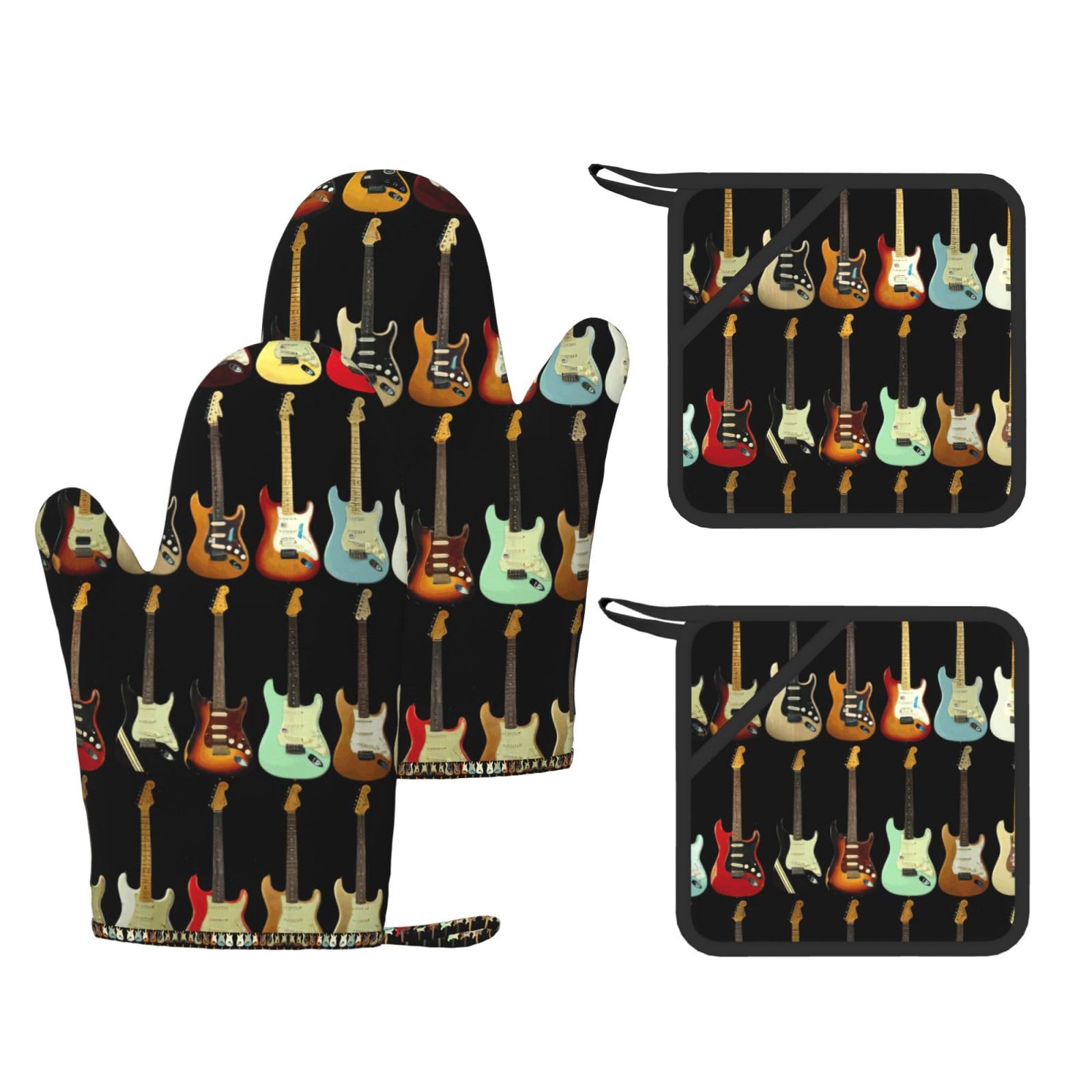 Art Guitar Pattern Printed Cooking Mitts and Pot Holders 4 Pcs, Heat Resistant Oven Gloves with Hanging Loop Chef