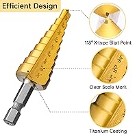 Vista 2 de Juego de 3 brocas escalonadas, brocas escalonadas de titanio HSS para metal, 28 tamaños con bolsa portátil
