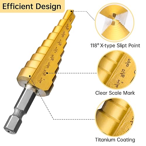 Miniatura 9 de IRONANT Broca escalonada de titanio, broca de paso de 14 a 1-38 pulgadas para metal, 10 tamaños HSS Step Drill Unibit