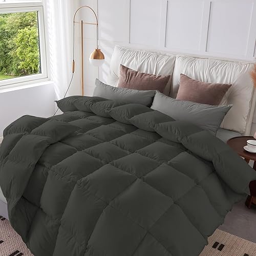 CYMULA Edredón de plumas tamaño Queen, relleno pesado de plumón blanco marfil, edredón de invierno con funda 100% algodón, tamaño Queen, 90 x 90