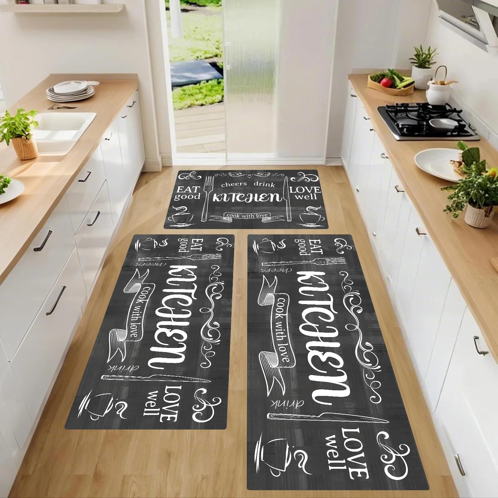 3-Pack Non-Slip Kitchen Rugs - Grey Farmhouse Cushioned Mats, Washable & Stain Proof for Kitchen Floors, Laundry, Bathroom, Entryway