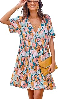 Women's Mini Dress V Neck Tropical Short Sleeve Loose Fit Ruffled Short Summer Beach Dress