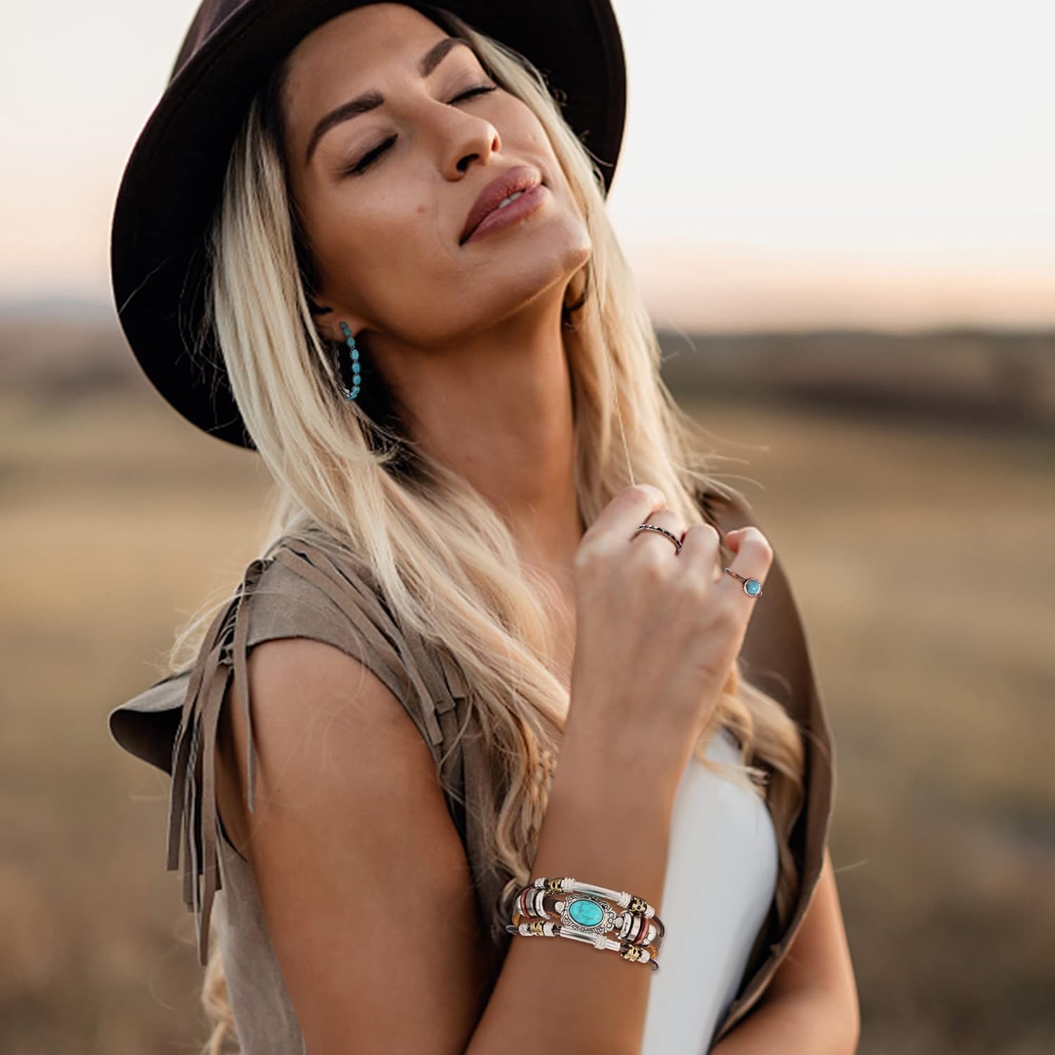 HAIAISO Western Jewelry For Women Turquoise Pendant Necklace Western Drop Dangle Earrings Turquoise Faux Leather Layered Bracelets Boho Knuckle Rings Set Bohemian Turquoise Jewelry Set - Image 5