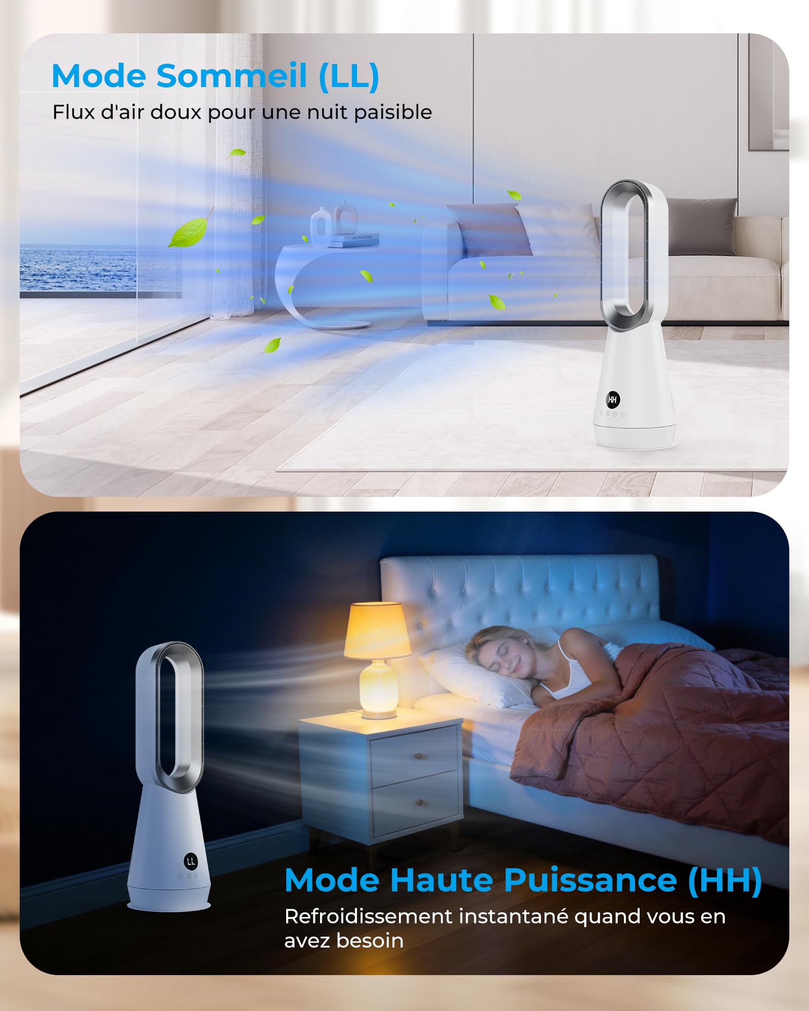 Ventilateur Colonne Silencieux Sans Pales,Ventilateurs Tour avec 8 Vitesses,2 Modes (Sommeil/Vent fort),Oscillation à 80°,Minuterie de 9h,Télécommande,Écran LED,32dB Faible Bruit,Facile à Nettoyer