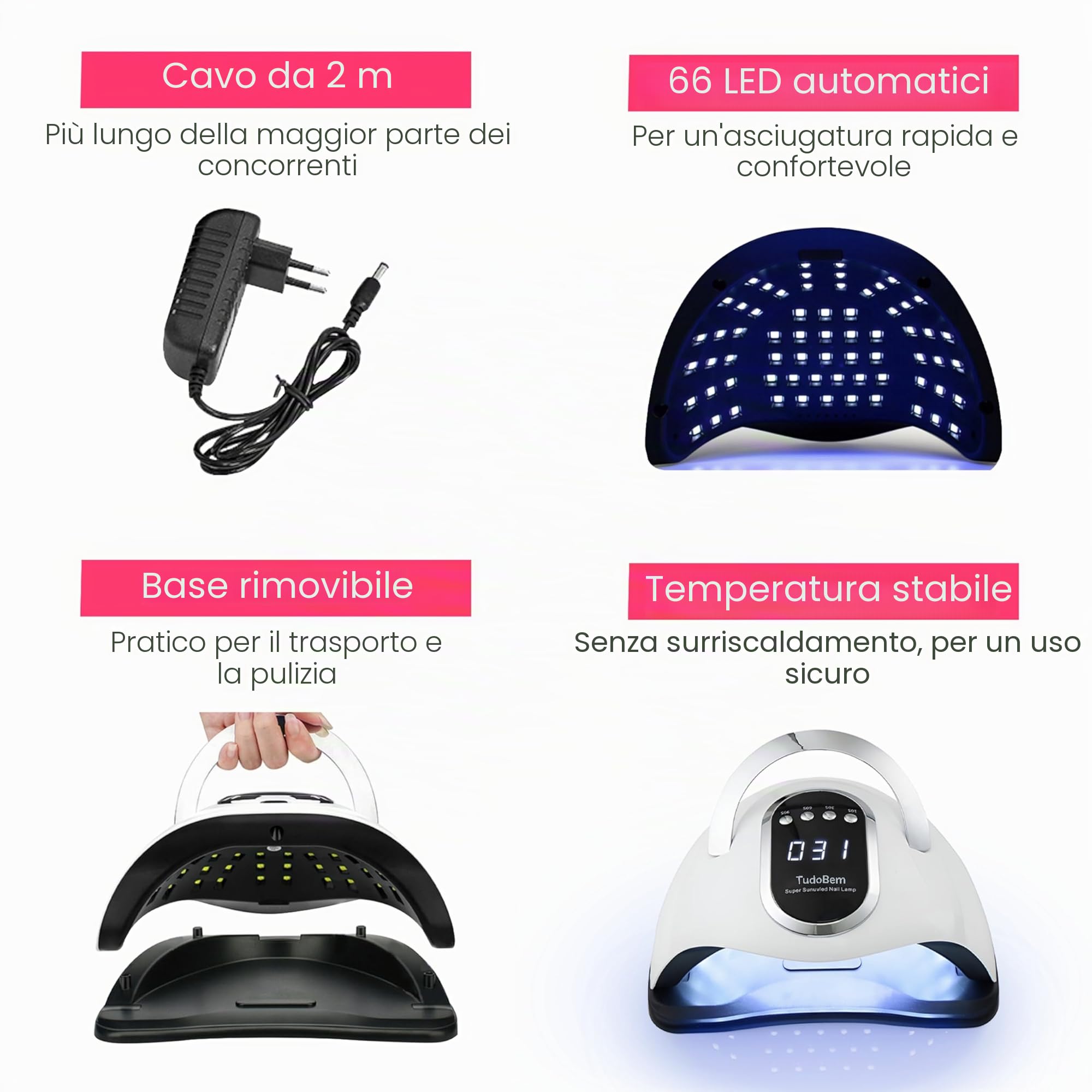 TudoBem Lampada UV Led Unghie 220 Watts Professionale, Lampada LED Unghie con 66 Lampadine, Fornetto Unghie Semipermanente, Lampada UV Automatica, Gel Mani Piedi, Timer [10/30/60/99s]