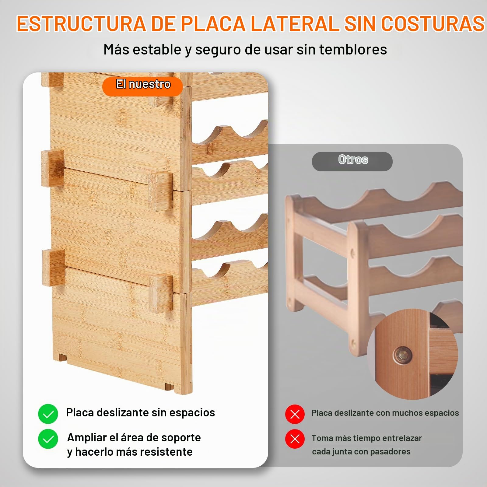 VEVOR Botellero Apilable de Vino 36 Botellas Estante de Almacenamiento de Bambú 850x250x525 mm Botellero Independiente de 4 Niveles Estantes sin Sacudidas para Cocina, Bar, Bodega, Color Natural