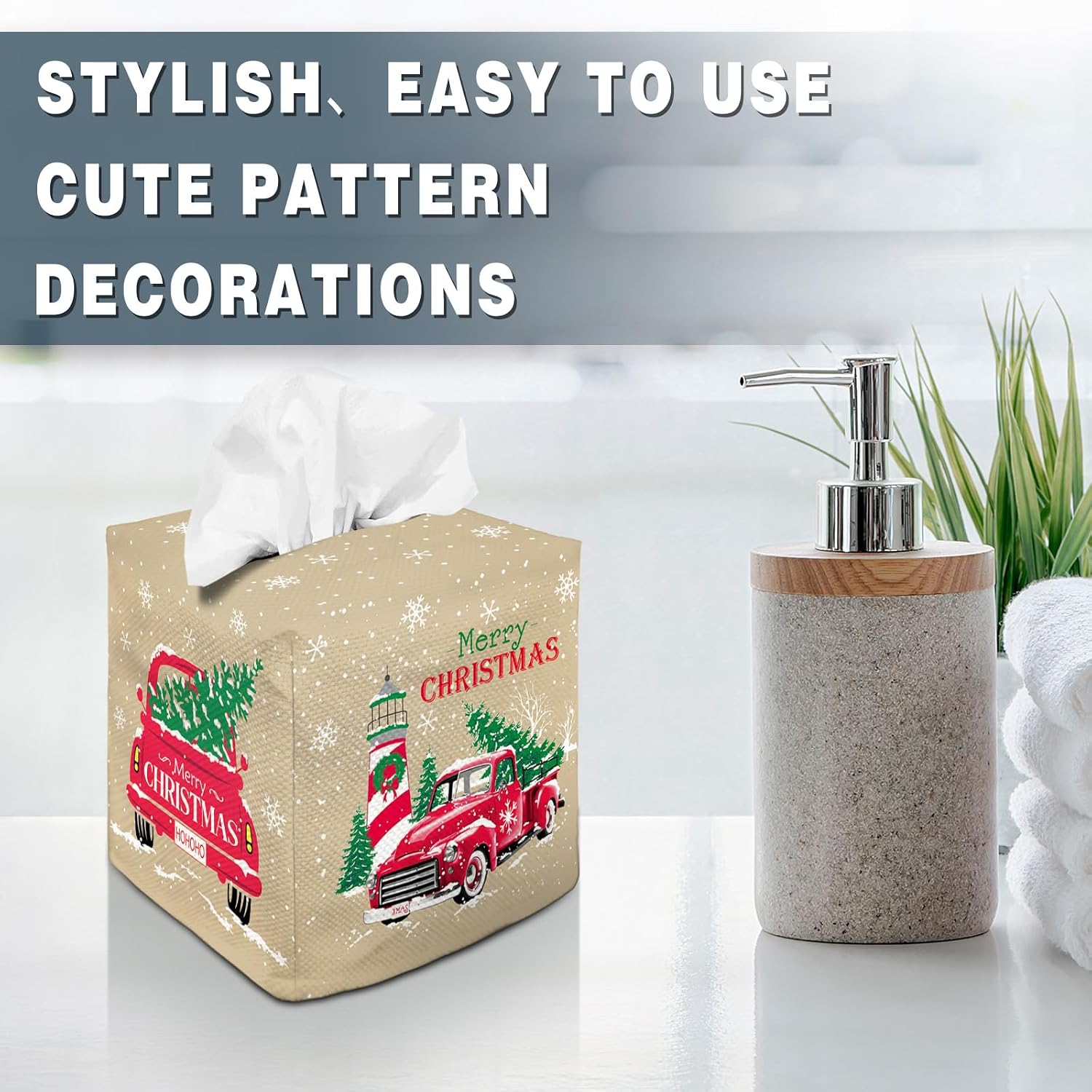 Tissue Box Cover Square Decorative Tissue Box Holder Cute Funny Cube Tissue Case Cover-Xmas Decor Christmas Car Tissue Box Cover image 2