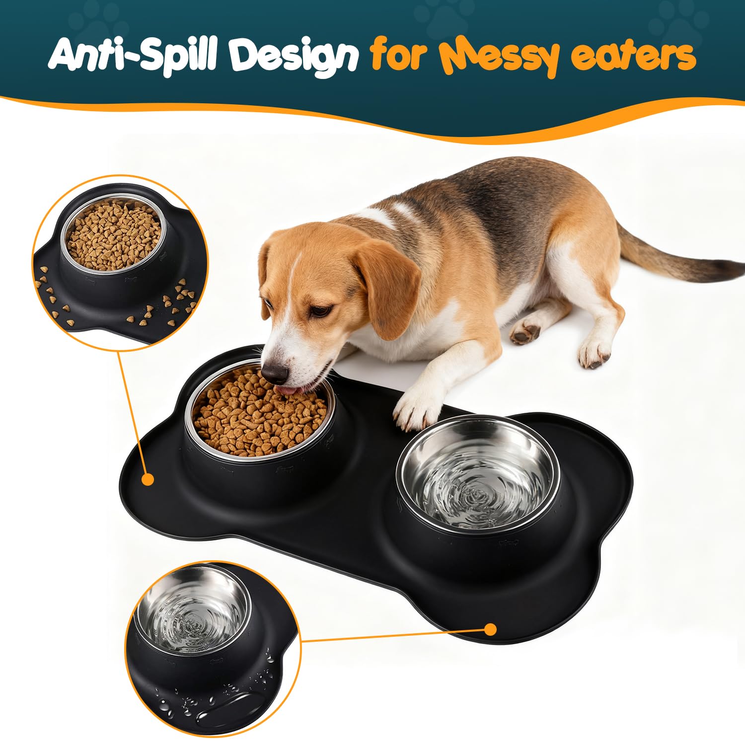 2 x 400 ml, ciotola per cani e gatti, in acciaio inossidabile, base antiscivolo, antitrabocco, anti-versamento, tappetino in silicone
