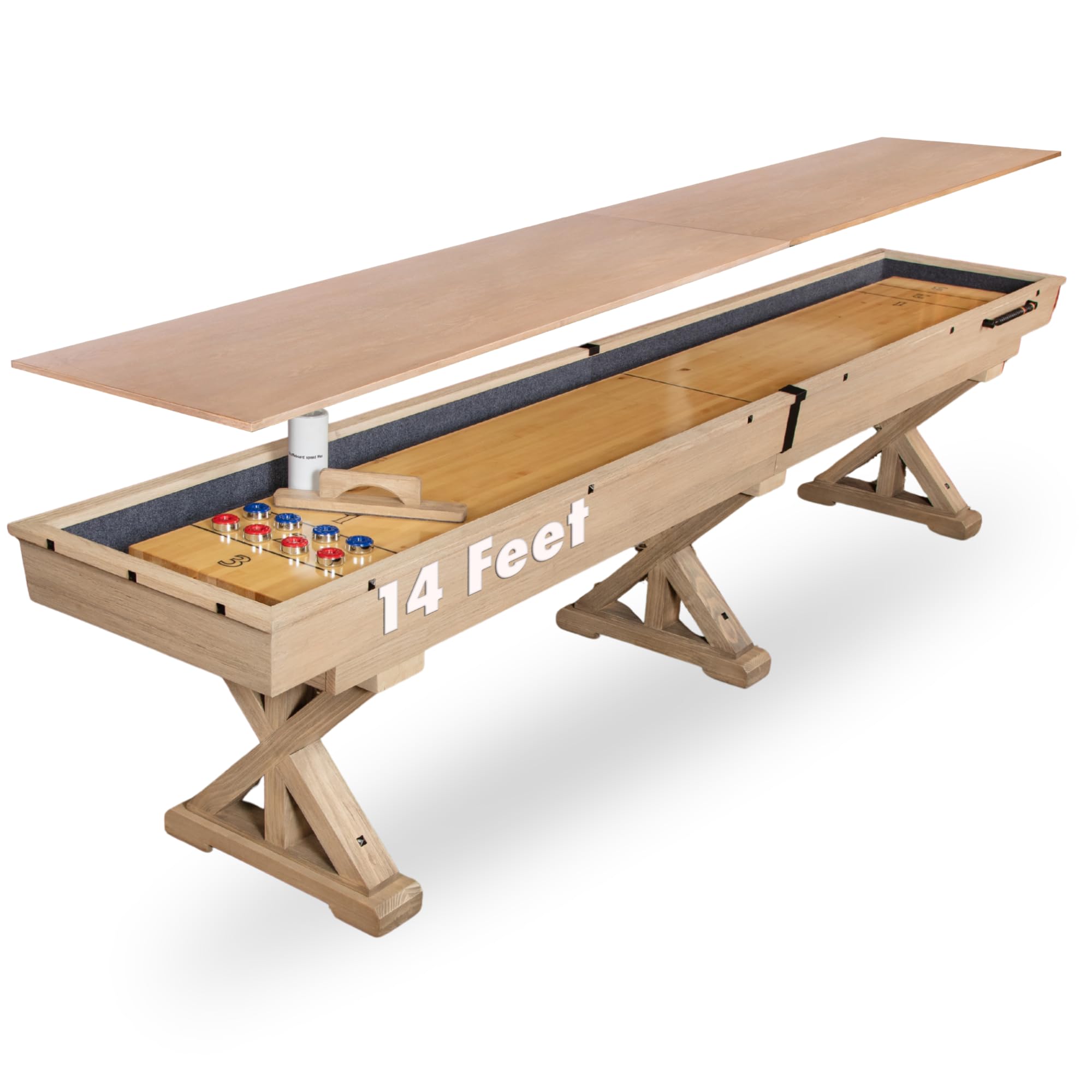 12/14 FT Solid Wood Shuffleboard Table, Comes in 2 6/7' Pieces Goes Around Stairs & Hallways
