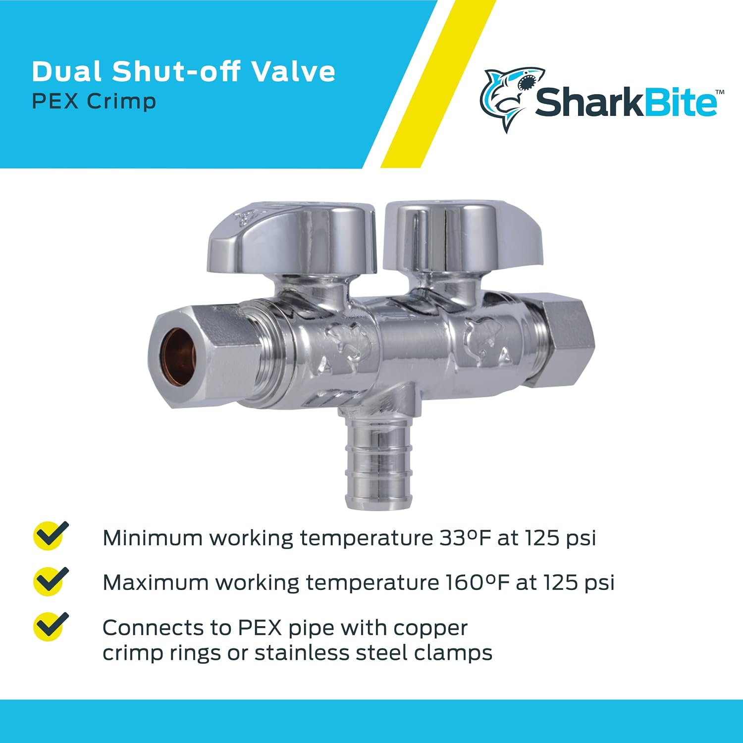 SharkBite 1/2 x 3/8 x 3/8 Inch Brass Crimp Angle Stop Valve, Dual Shut Off, Quarter Turn, PEX Pipe, PE-RT, UCDS123838Z