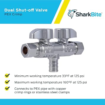 SharkBite 1/2 x 3/8 x 3/8 Inch Brass Crimp Angle Stop Valve, Dual Shut Off, Quarter Turn, PEX Pipe, PE-RT, UCDS123838Z