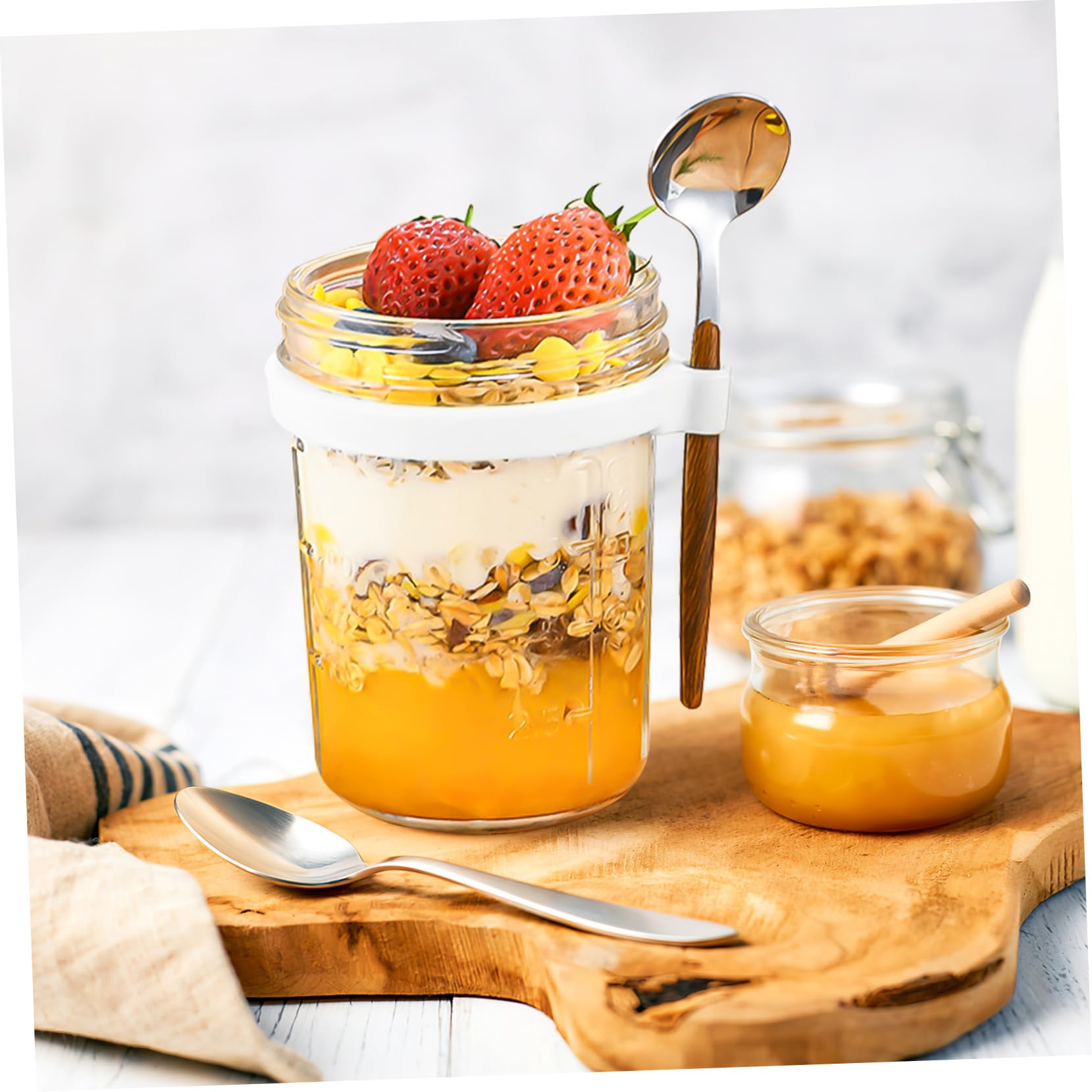 ULTECHNOVO Vorratsdose Glas mit Holzdeckel 4 Stück 400ml Auslaufsicher mit Löffel für Overnight Oats Küche und Büro
