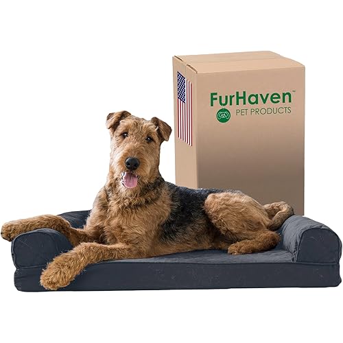 Furhaven Memory Foam Dog Bed for Large/Medium Dogs w/ Removable Bolsters & Washable Cover, For Dogs Up to 55 lbs - Quilted Sofa - Iron Gray, Large
