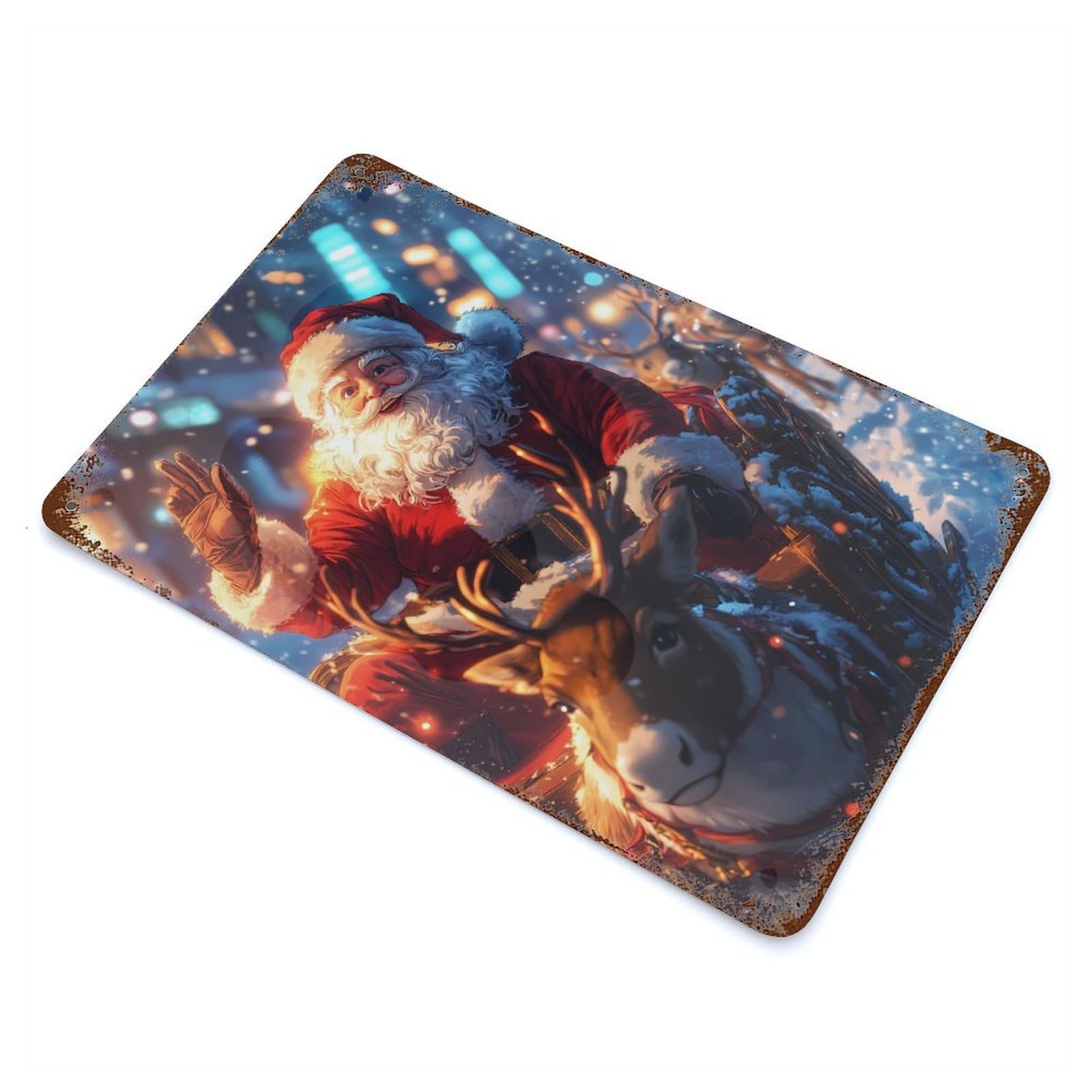 Distressed Metal Wall Sign Santa Claus in Sleigh Christmas 11.8"x7.9", Vintage Wall Decor for Garage, Bar And Workshop Decor