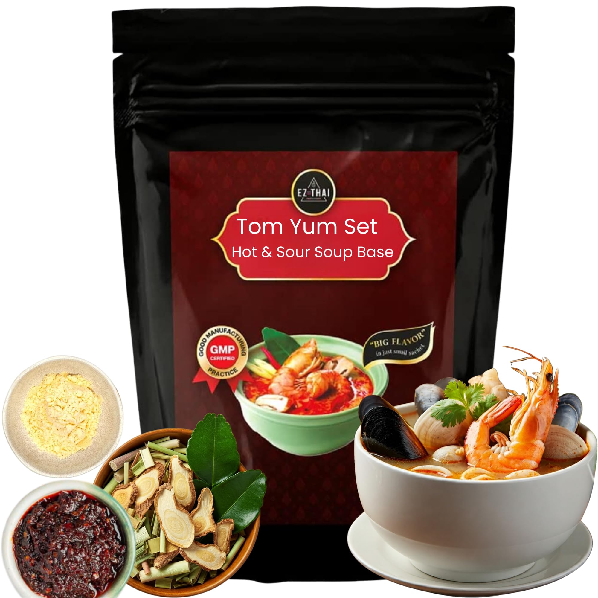 3 Packs - Thai Tom Yum Set 1.6 oz - Hot & Sour Soup Base Kit with Dried Herbs Seasoning, Chili Paste & Tom Yum Seasoning Mixing with Coconut Milk Powder - Easy Thai Cooking, Authenthic Thai Flavor