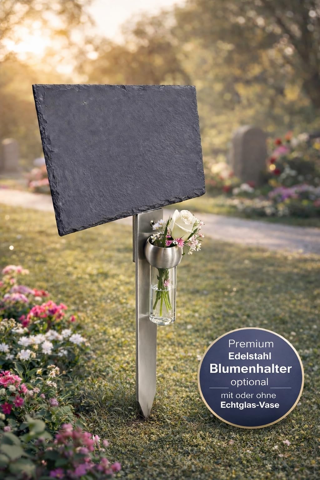Grabstein Urnengrab - Grabplatte aus Premium Schiefer mit witterungsbeständiger Lasergravur | 30x20cm Menschen oder Haustiere | kostenlose Gravur mit exlusiven Edelstahlhalter