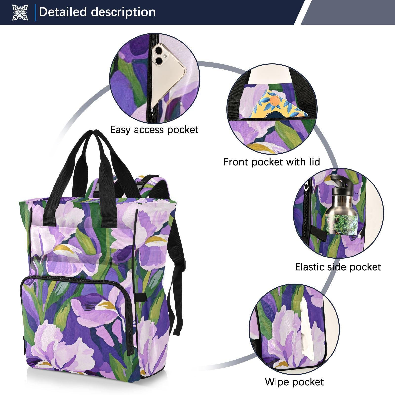 Zaino per pannolini Viola e Bianco Iris Flowers1_1