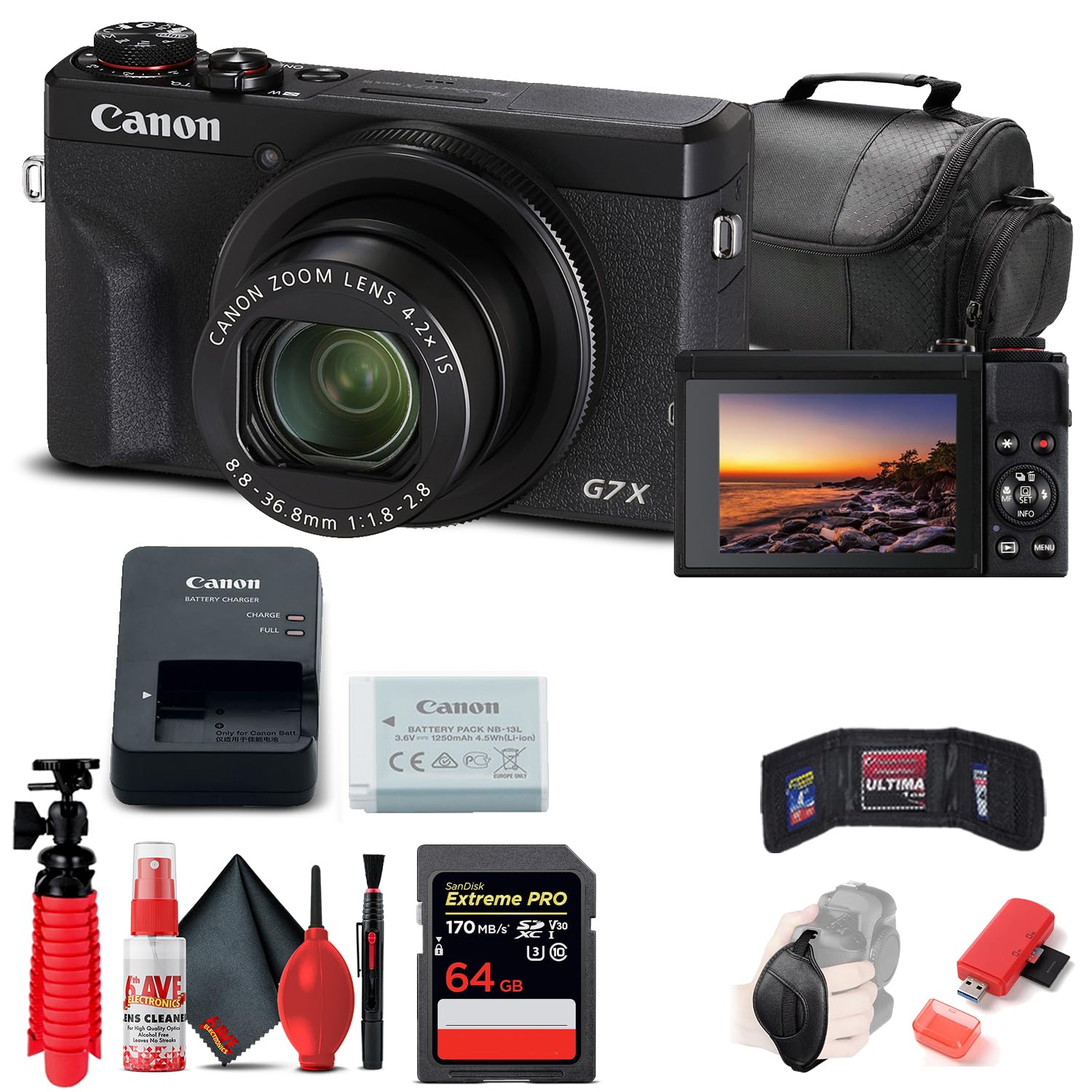 Canon PowerShot G7 X Mark III Digital Camera (Black) (3637C001) + 64GB Card + Card Reader + Deluxe Soft Bag + Flex Tripod + Hand Strap + Memory Wallet + Cleaning Kit (Renewed)