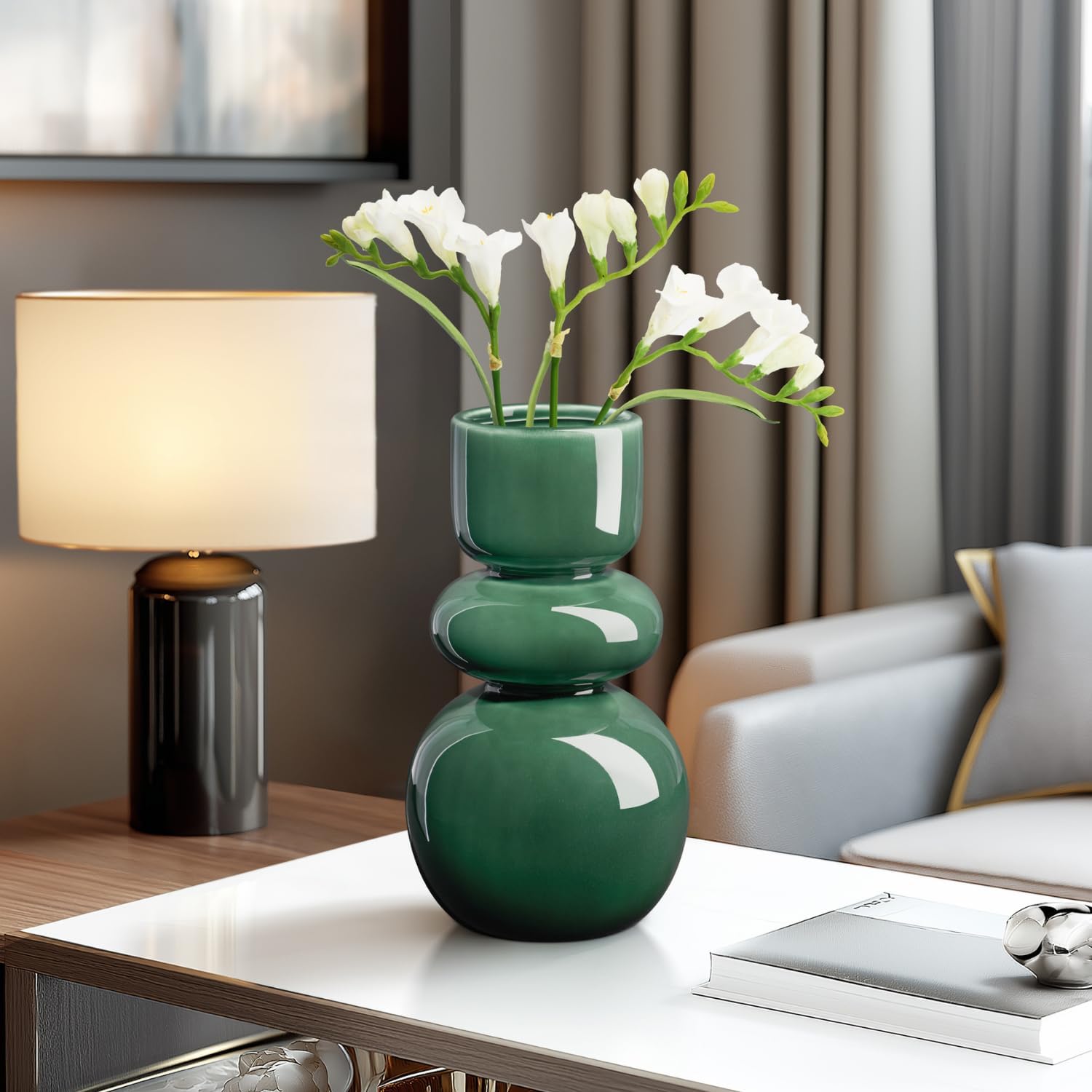 Torre & Tagus 10" Green Ceramic Stacked Bubble Vase for Flowers with Gloss Finish - Modern Sculptural Home Decor Accent, Watertight Decorative Vase for Home Decor, Office, Wedding or Gift (Sintra)