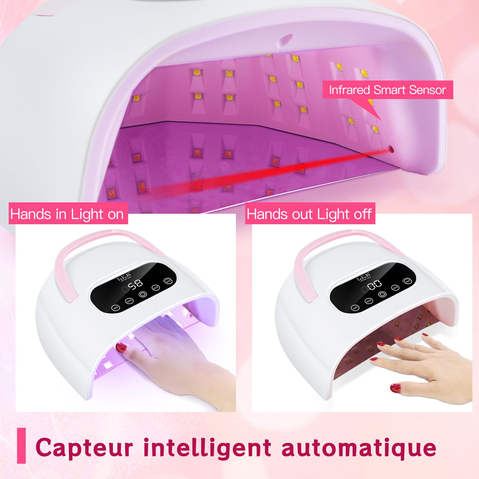 LKE Lampe à Ongles UV Led 380W Professionnelle Lampe Uv Ongles Gel Séchoirs à Ongles avec 4 Minuteries Écran Tactile LCD Capteur Automatique Poignée Portable Socle Magnétique Lampe Séchage Pour Salon