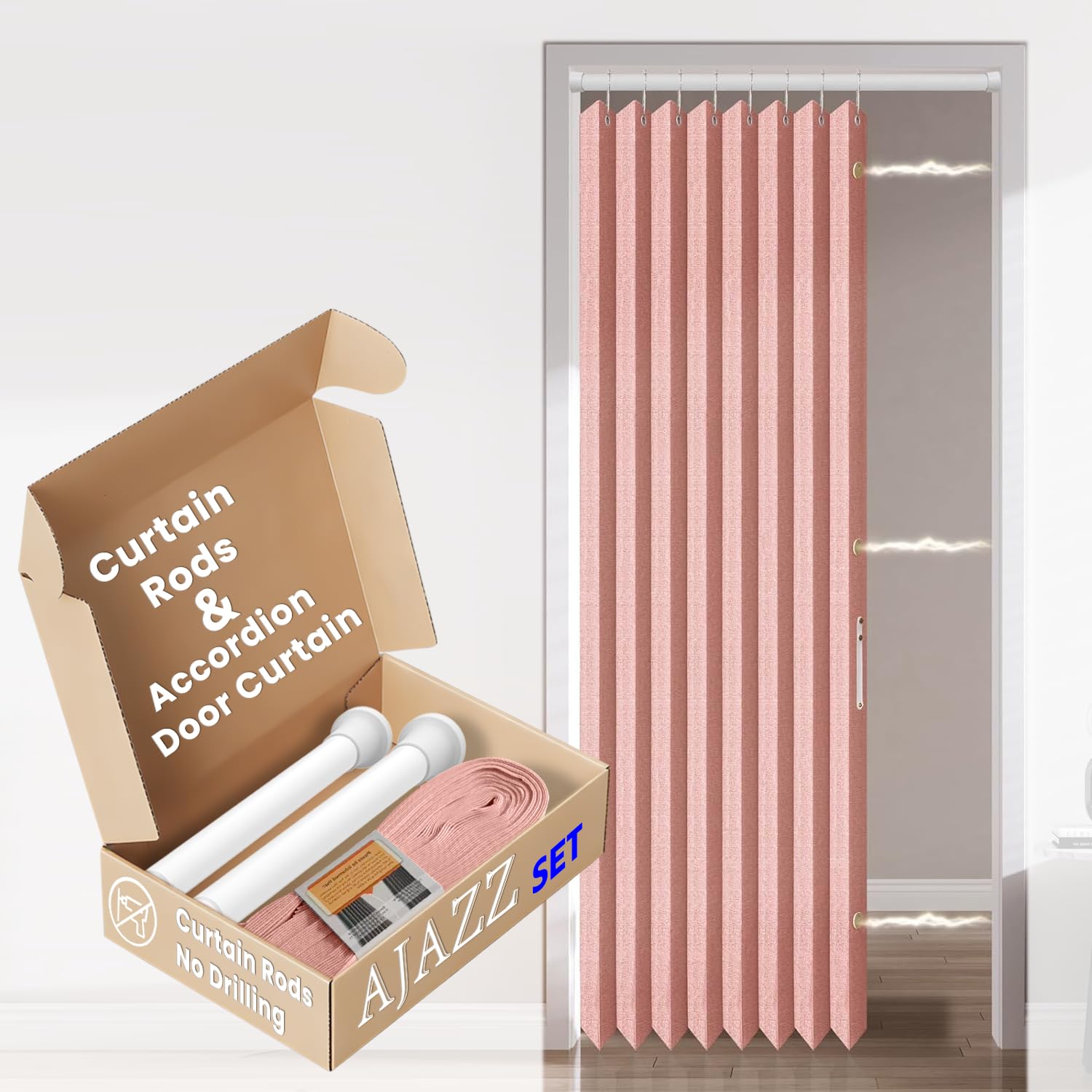 Photo 1 of AJAZZ Accordion Interior Door Curtain 42"×78" Pink w/Free Rod, No-Drill Bedroom/Living Room Doorway